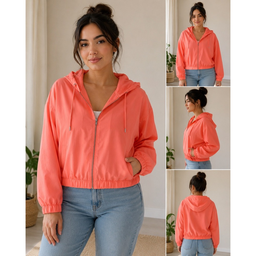 Zella Womens Neon Coral Pink Hooded Windbreaker Full Zip Cropped Jacket Small